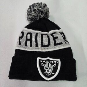 Oakland Raiders Boys Beanie Hat OS Black Pom Embroidered Logo Knit Outer Fleece
